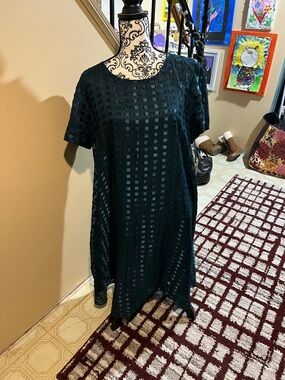 Teal Grid Overlay Short Sleeve Dress
